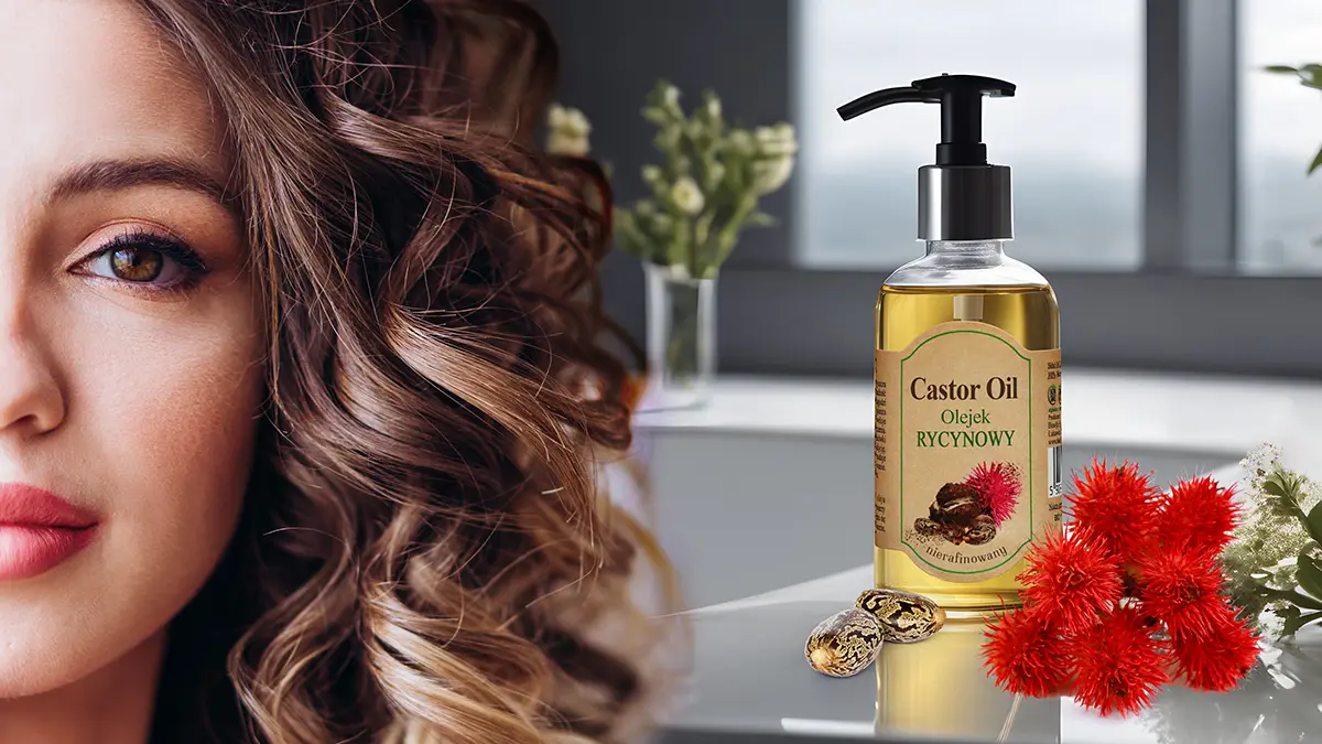 Portret kobiety z lśniącymi, falującymi włosami obok butelki olejku rycynowego z etykietą, na tle kwiatów rącznika.