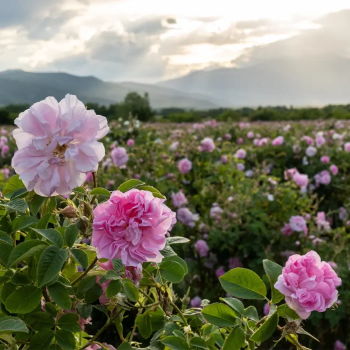 Zbliżenie róży damasceńskiej na polu w Dolinie Trackiej, Bułgaria, podczas zachodu słońca, używanej do produkcji eterycznego absolutu różanego.