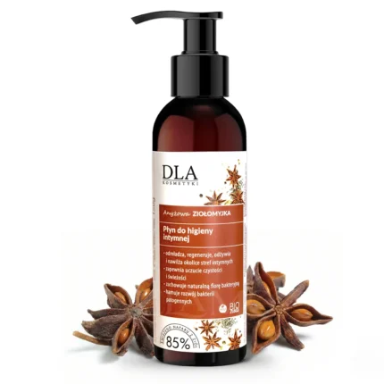Anyżowa Ziołomyjka – naturalny płyn do higieny intymnej w ciemnej butelce z pompką otoczony gwiazdkami anyżu.