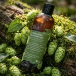 Butelka szamponu Chmielowa Włosomyjka na leśnym mchu w otoczeniu naturalnych szyszek chmielu.