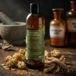 Szampon Chmielowa Włosomyjka w otoczeniu suszonych ziół: kozieradki, korzenia tataraku i mydlnicy.