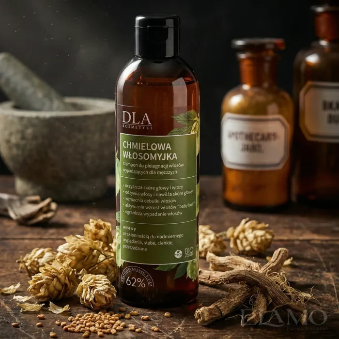 Szampon Chmielowa Włosomyjka w otoczeniu suszonych ziół: kozieradki, korzenia tataraku i mydlnicy.