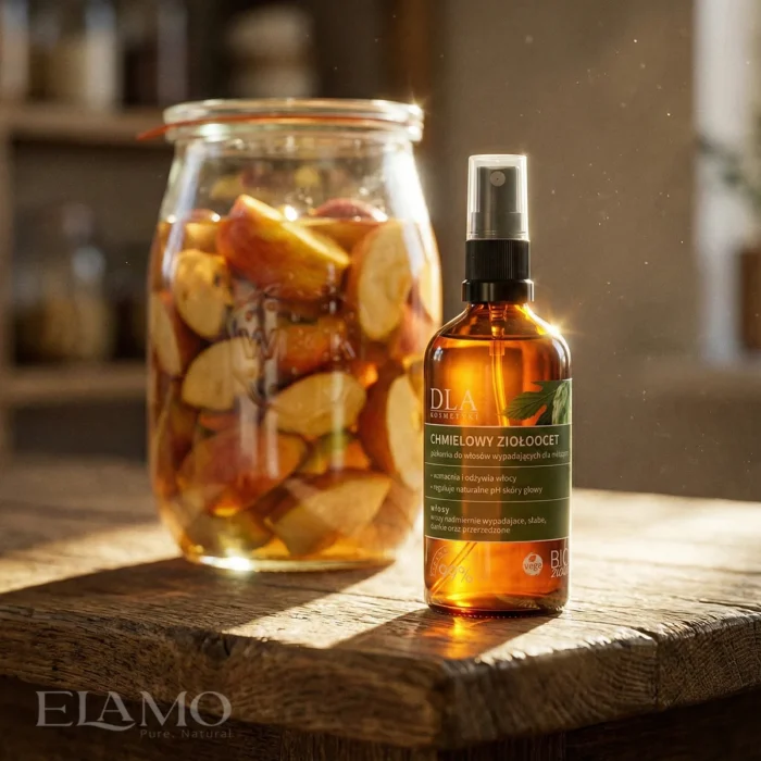 utelka Chmielowego Ziołoocu na tle słoja z fermentującymi jabłkami - proces maceracji.