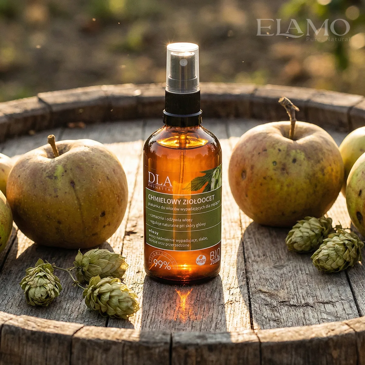 Chmielowy Ziołoocet w rustykalnej scenerii z surowymi jabłkami i suszonymi szyszkami chmielu.