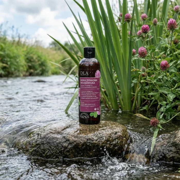 Szampon Koniczynkowa Włosomyjka na kamieniu w strumieniu, symbolizujący naturalne oczyszczanie mydlnicą.