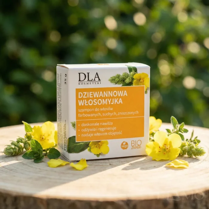 Opakowanie szamponu Dziewannowa Włosomyjka stojące na drewnianym pniu w ogrodzie, oświetlone słońcem.