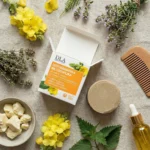 Kompozycja flat lay: Dziewannowa Włosomyjka, drewniany grzebień, masło shea, olej jojoba i zioła na lnianym tle.