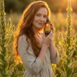 Uśmiechnięta rudowłosa kobieta trzymająca butelkę Dziewannowy Ziołoocet na tle kwitnącej dziewanny.