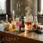 Laboratoryjne zlewki z naparami ziołowymi i pączkami modrzewia w procesie tworzenia kremu Gemmoterapik