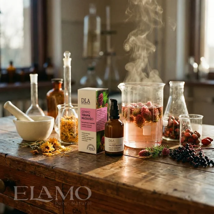 Laboratoryjne zlewki z naparami ziołowymi i pączkami modrzewia w procesie tworzenia kremu Gemmoterapik