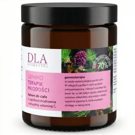 Gemmoterapik Młodości balsam do ciała od DLA Kosmetyki – widok opakowania z etykietą informującą o zawartości pączków modrzewia.