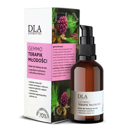 Opakowanie i szklana butelka gemmoterapik młodości krem do twarzy z grafiką pączków modrzewia.