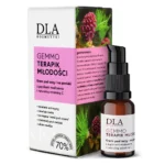 Opakowanie i szklana butelka gemmoterapik młodości krem pod oczy z widoczną grafiką pączków modrzewia.