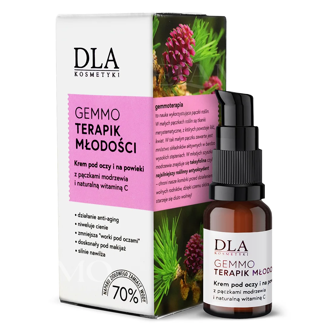 Gemmoterapik Młodości – polski krem pod oczy z naturalną witaminą C i taksyfoliną. Opakowanie i szklana butelka gemmoterapik młodości krem pod oczy z widoczną grafiką pączków modrzewia.