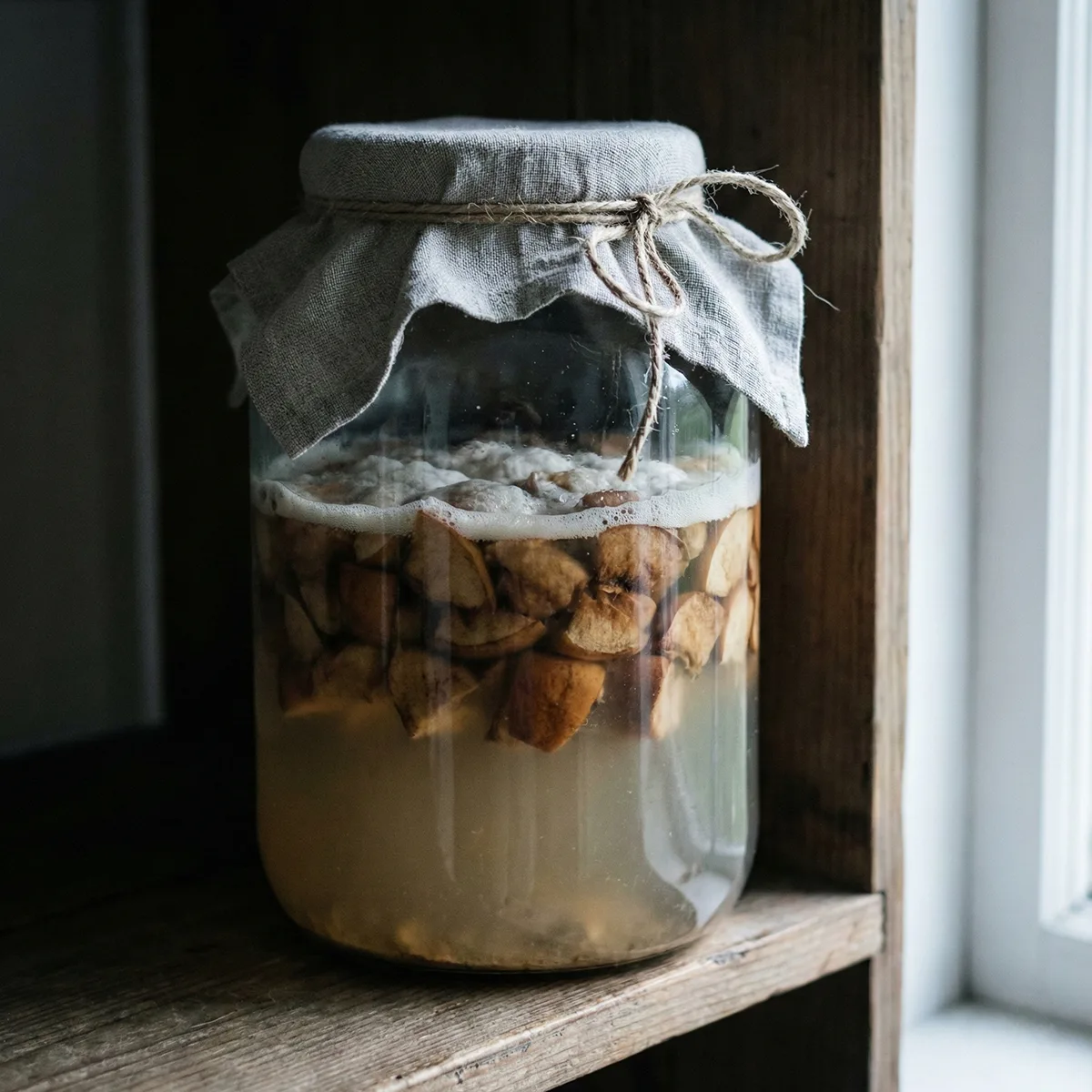 Słój z fermentującymi jabłkami przykryty lnem - tradycyjna metoda wytwarzania octu.
