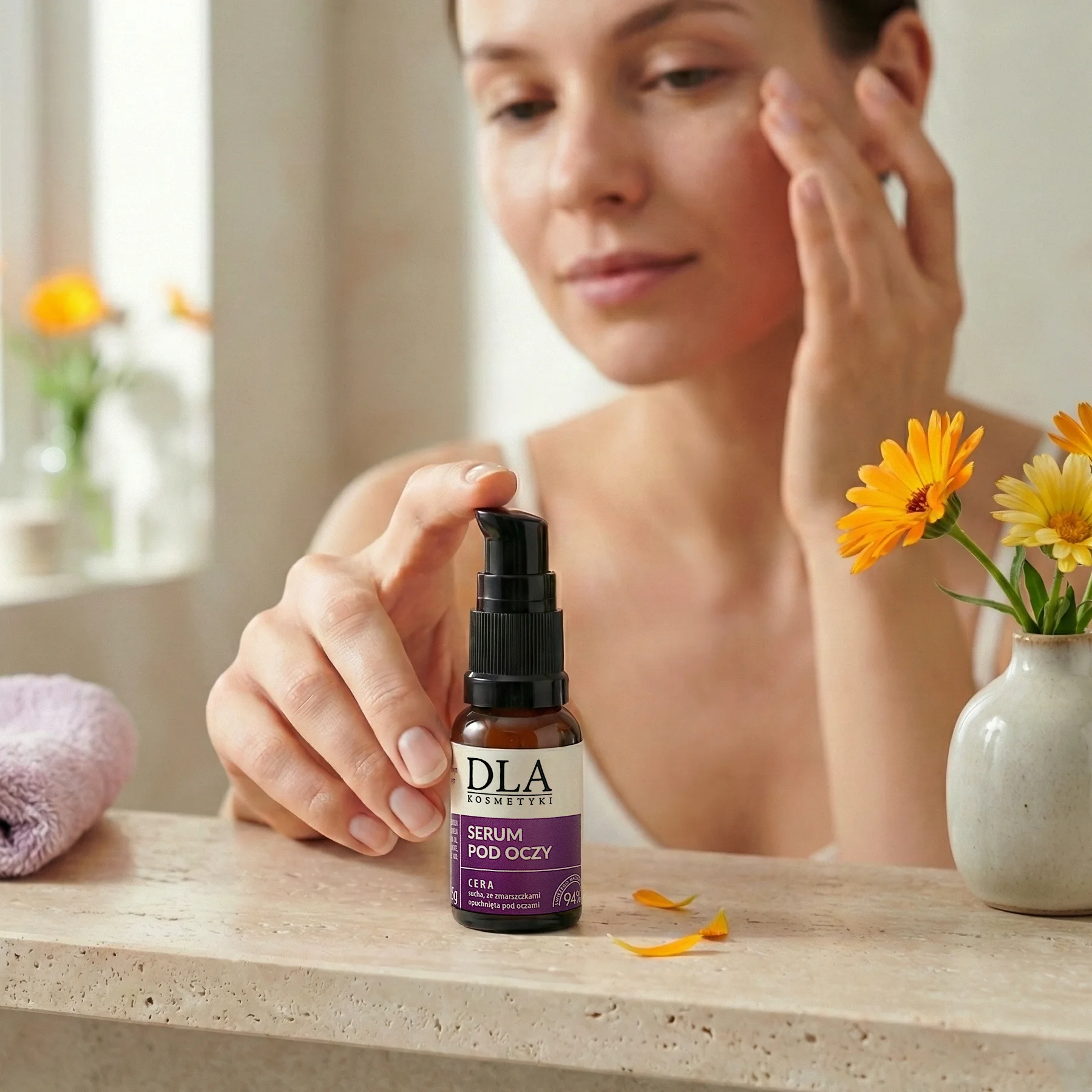 Kobieta wykonująca masaż drenujący pod oczy przy użyciu serum