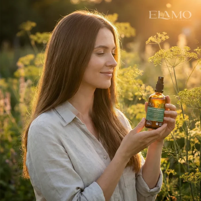 Uśmiechnięta kobieta trzymająca butelkę Koperkowy Ziołoocet w nasłonecznionym ogrodzie.