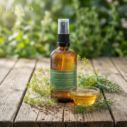 Koperkowy Ziołoocet stojący na drewnianym stole w otoczeniu świeżego kopru i miseczki z octem.