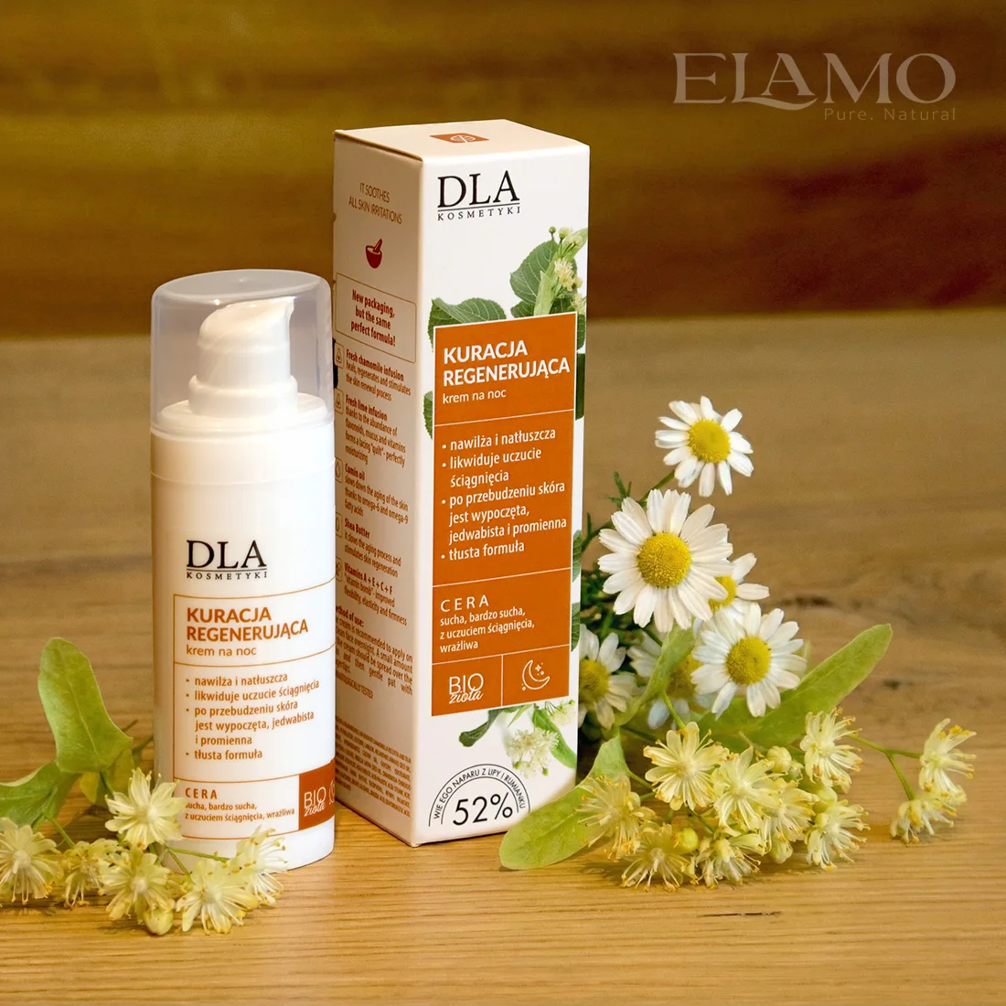 Kuracja regenerująca krem na noc – ujęcie frontowe butelki i pudełka Kosmetyki DLA, z botanicznym tłem: rumianek i lipa