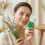 Kobieta uśmiecha się trzymając krem do rąk z naparu babki płesznika i niebieskie kwiaty