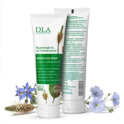 Krem do rąk z naparu babki płesznika Kosmetyki DLA – widok opakowania z przodu i z tyłu