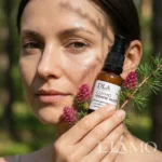 Modelka o naturalnej cerze trzymająca krem Gemmoterapik przy twarzy wraz z gałązką modrzewia.