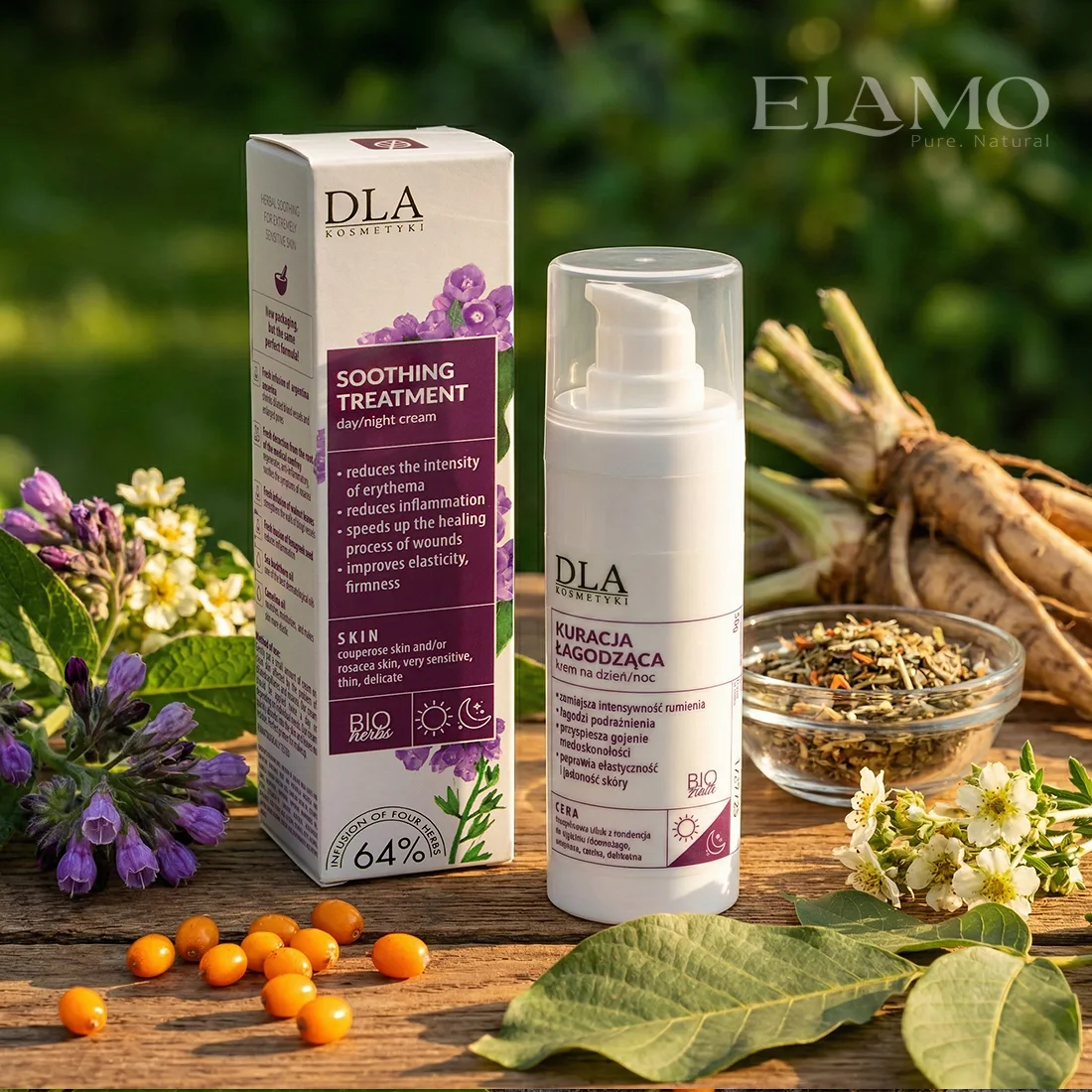Kuracja Łagodząca Krem DLA Kosmetyki – opakowanie na tle żywokost, rokitnika, liści orzecha włoskiego i mieszanki ziół
