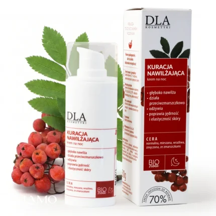 Kuracja nawilżająca krem na noc Kosmetyki DLA z naparem z jarzębiny i opakowanie kartonowe