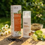 Kosmetyki DLA Kuracja regenerująca krem na noc – krem i kartonik, 52% naparu z lipy i rumianku, w kadrze kwiat lipy, rumianek i czarnuszka.