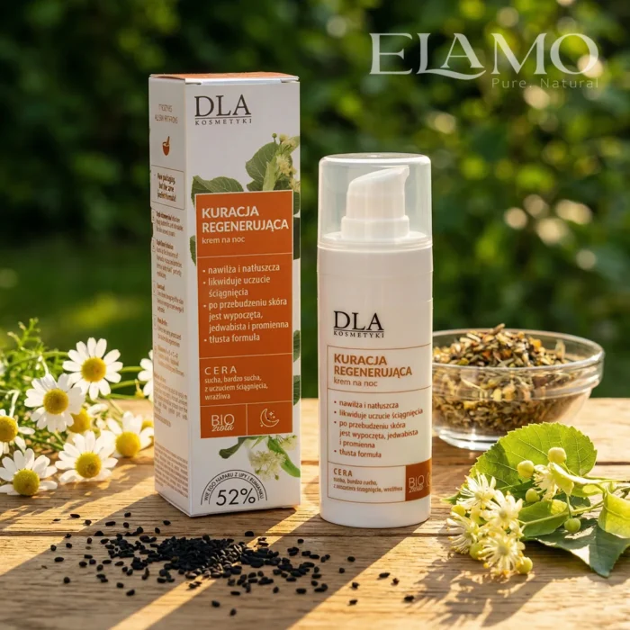 Kosmetyki DLA Kuracja regenerująca krem na noc – krem i kartonik, 52% naparu z lipy i rumianku, w kadrze kwiat lipy, rumianek i czarnuszka.