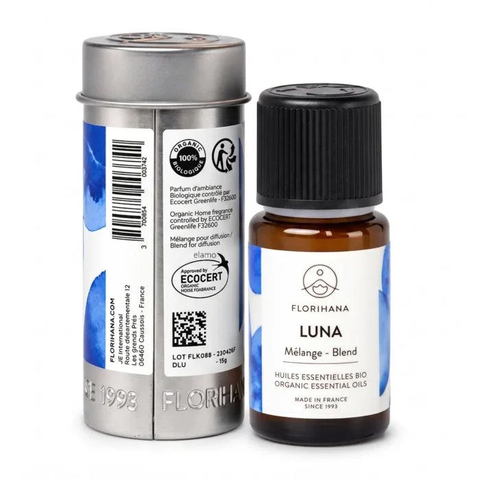 Mieszanka olejków LUNA Florihana z ochronną aluminiową tubą i widocznym oznaczeniem ECOCERT