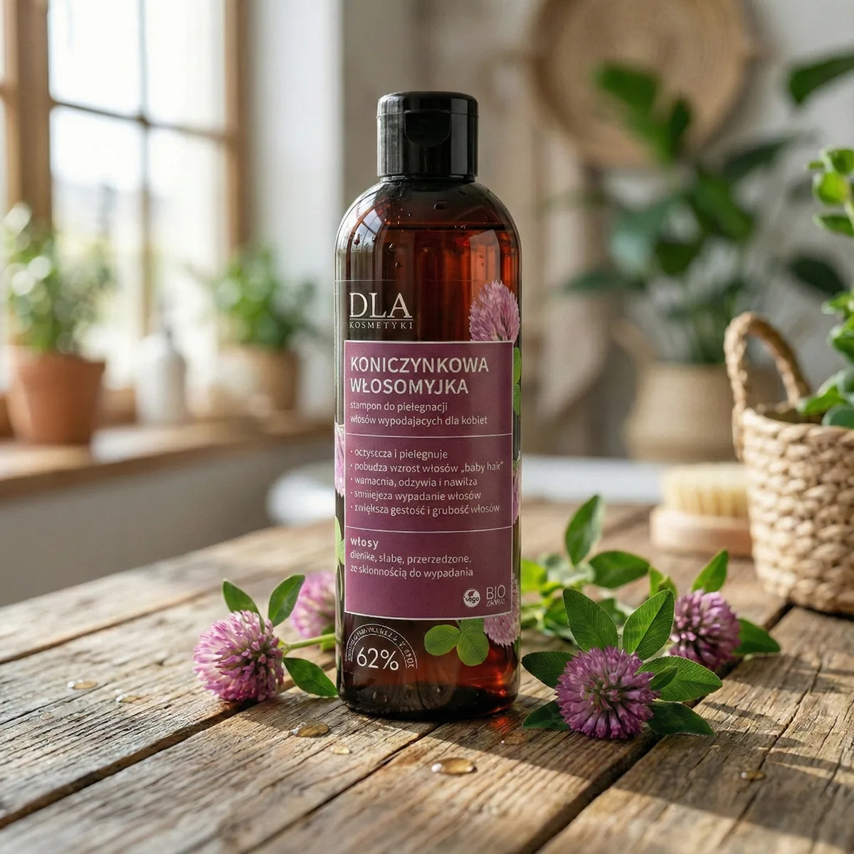 Butelka szamponu Koniczynkowa Włosomyjka w domowym, słonecznym wnętrzu.