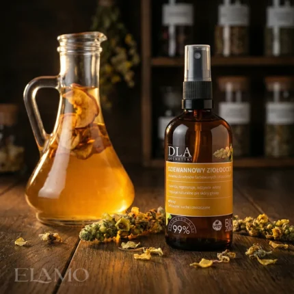 Dziewannowy Ziołoocet marki DLA stojący na drewnianym stole obok karafki z octem i suszonych ziół.
