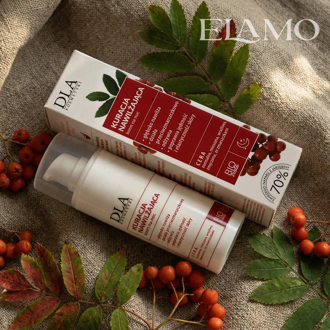 Naturalny krem do cery naczynkowej Kuracja Nawilżająca leżący na lnianym materiale z jesiennymi liśćmi