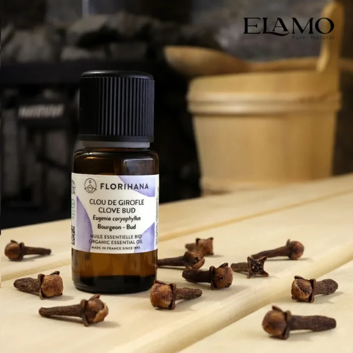 Duży olejek eteryczny Goździk 15ml Florihana stojący na drewnianej ławie w saunie, otoczony rozsypanymi suszonymi goździkami.