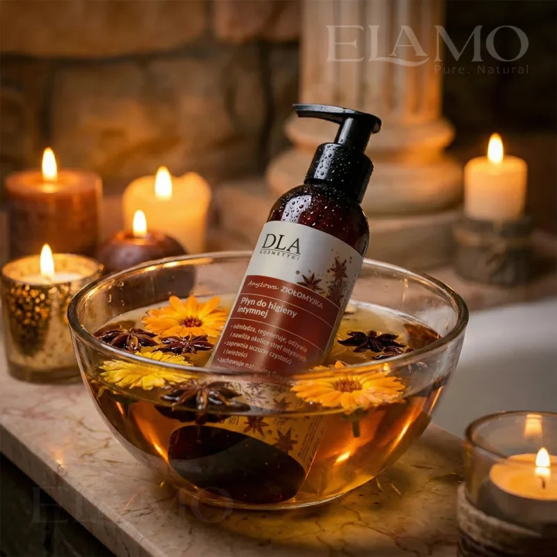 Anyżowa Ziołomyjka w szklanej misie z wodą, kwiatami nagietka i anyżem przy świecach.