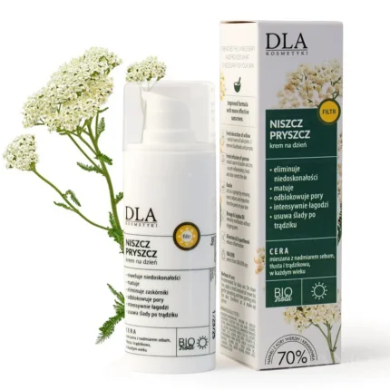 Niszcz Pryszcz krem na dzień – packshot: butelka airless i opakowanie DLA Kosmetyki, motyw krwawnika, 30 g