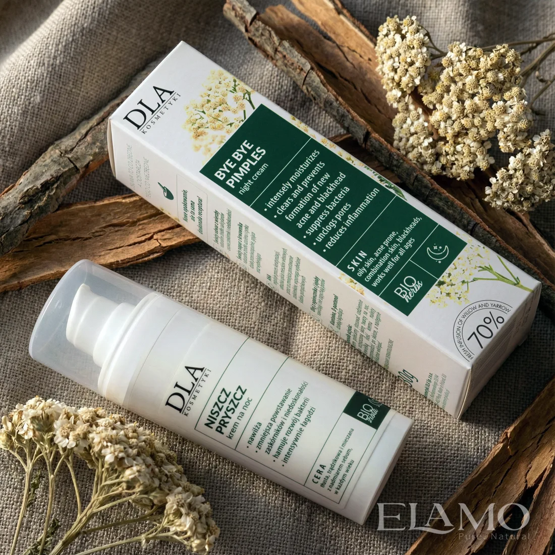 Niszcz Pryszcz krem na noc – butelka i pudełko na lnianym tle, elementy roślinne i kora wierzby