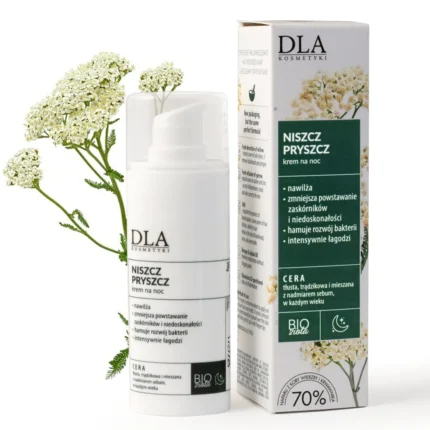 Niszcz Pryszcz krem na noc – packshot: butelka airless i opakowanie DLA Kosmetyki, 30 g