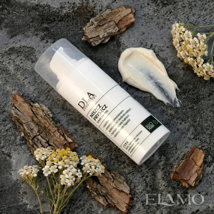 Niszcz Pryszcz krem na noc – butelka airless na tle kamienia, smuga kremu, kora wierzby i kwiaty krwawnika