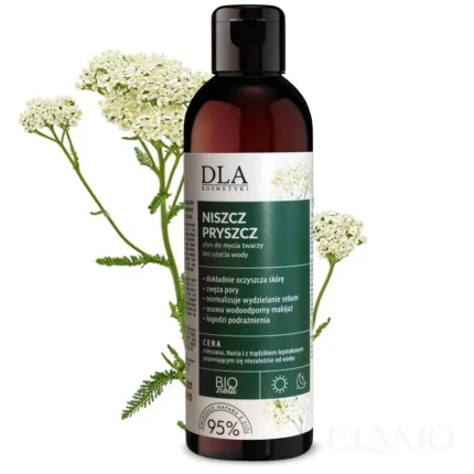 Niszcz Pryszcz płyn do twarzy Kosmetyki DLA – butelka 200 ml, 95% naparu z ziół, w tle białe kwiatostany krwawnika