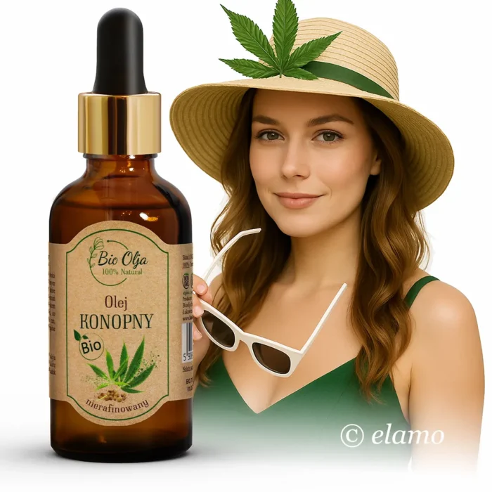 Naturalny olej konopny Bio Olja – nierafinowany BIO, kobieta w kapeluszu z liściem konopi, idealny na lato do skóry i włosów