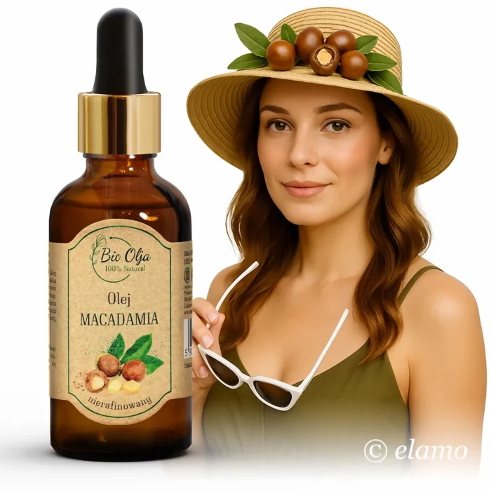Naturalny olej makadamia Bio Olja – nierafinowany, kobieta w kapeluszu z orzechami makadamia, idealny na lato do skóry i włosów