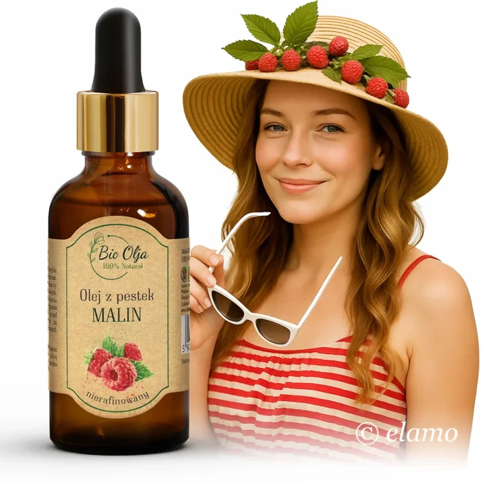 Naturalny olej z pestek malin Bio Olja – nierafinowany, idealny na lato, kobieta w słomkowym kapeluszu z malinami trzymająca okulary przeciwsłoneczne
