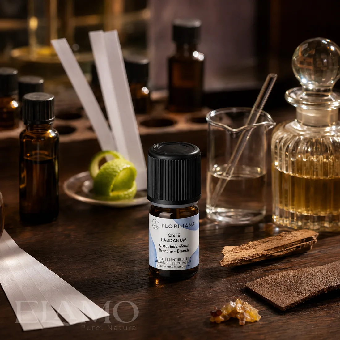 Olejek labdanowy Florihana w pracowni perfumiarza obok blotterów zapachowych, skóry i żywicy ambra