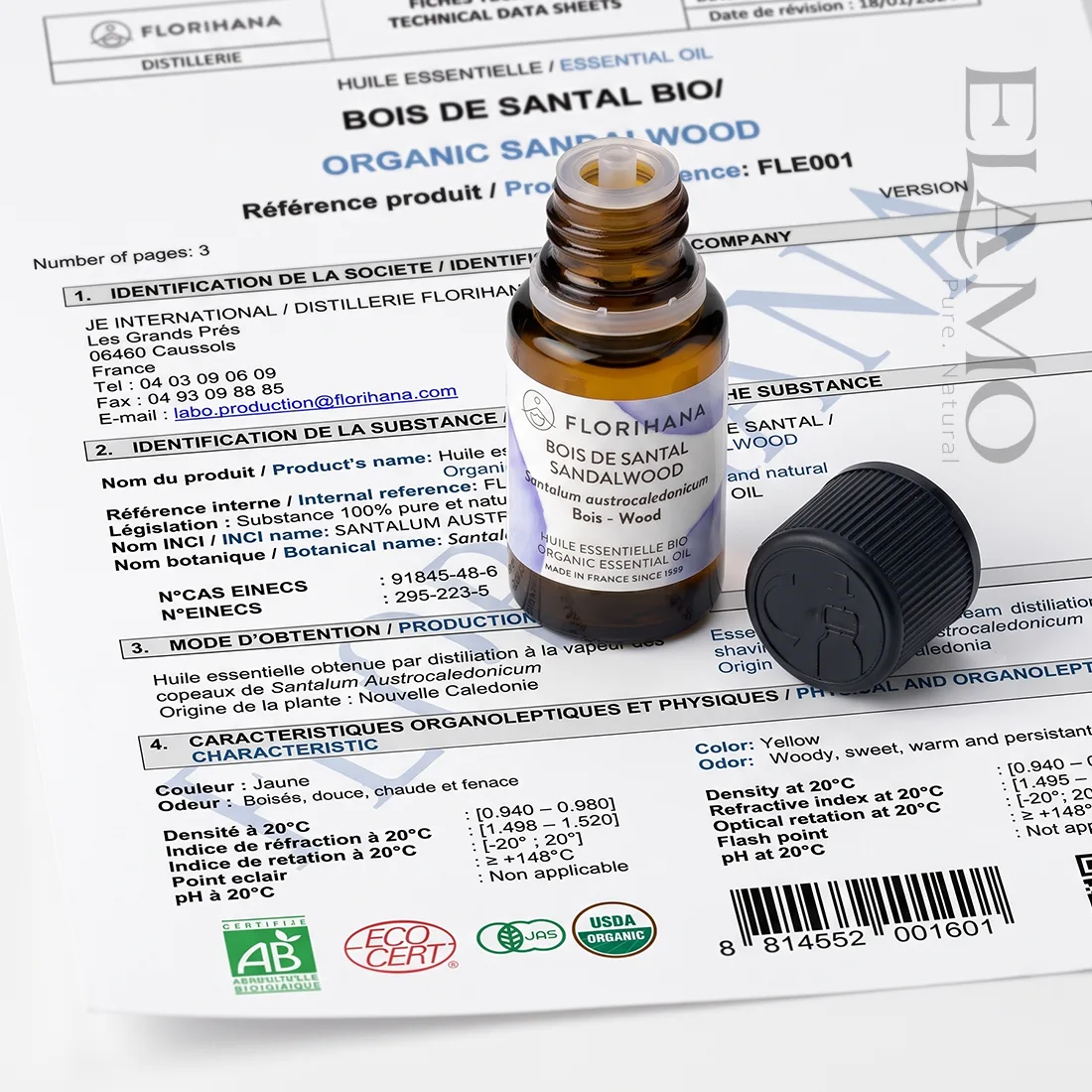 Otwarte opakowanie olejku sandałowego Florihana na karcie technicznej TDS z certyfikatami Ecocert i USDA Organic