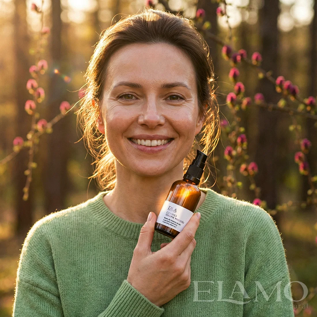 Uśmiechnięta kobieta o dojrzałej cerze trzymająca w dłoni krem do twarzy Gemmoterapik w lesie.