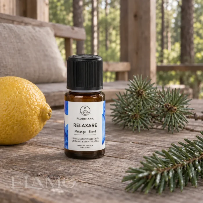 Buteleczka RELAXARE Florihana na drewnianej werandzie obok cytryny, cedru atlaskiego i jodły balsamicznej