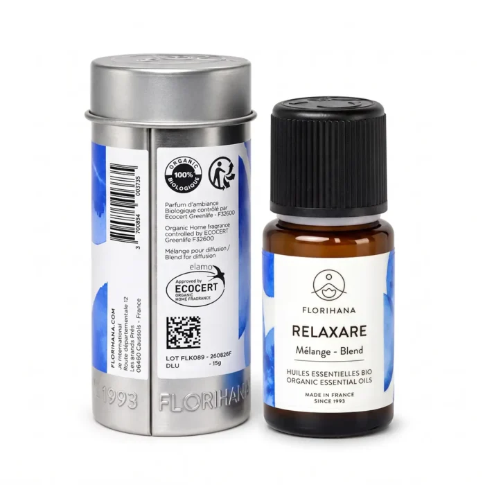 Olejek RELAXARE Florihana z aluminiową tubą i oznaczeniem ECOCERT Organic Home Fragrance