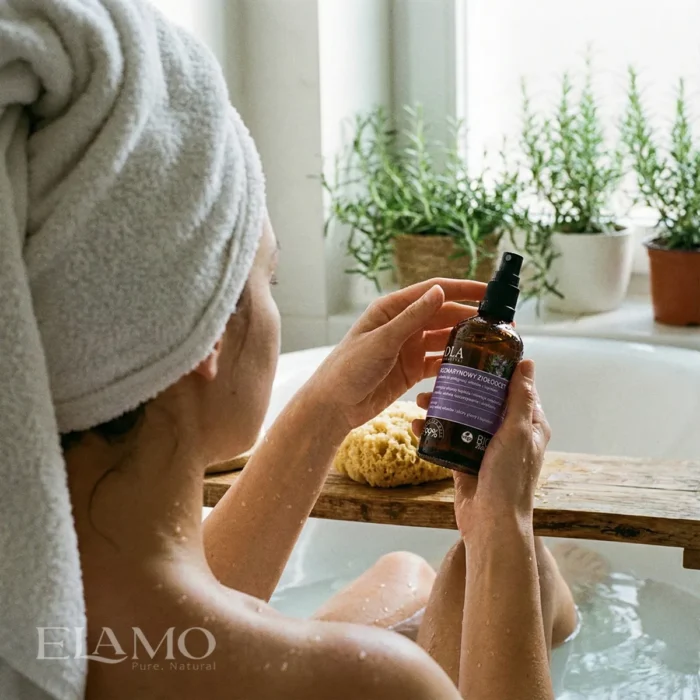 Kobieta w ręczniku trzymająca butelkę Rozmarynowego Ziołooctu podczas kąpieli.